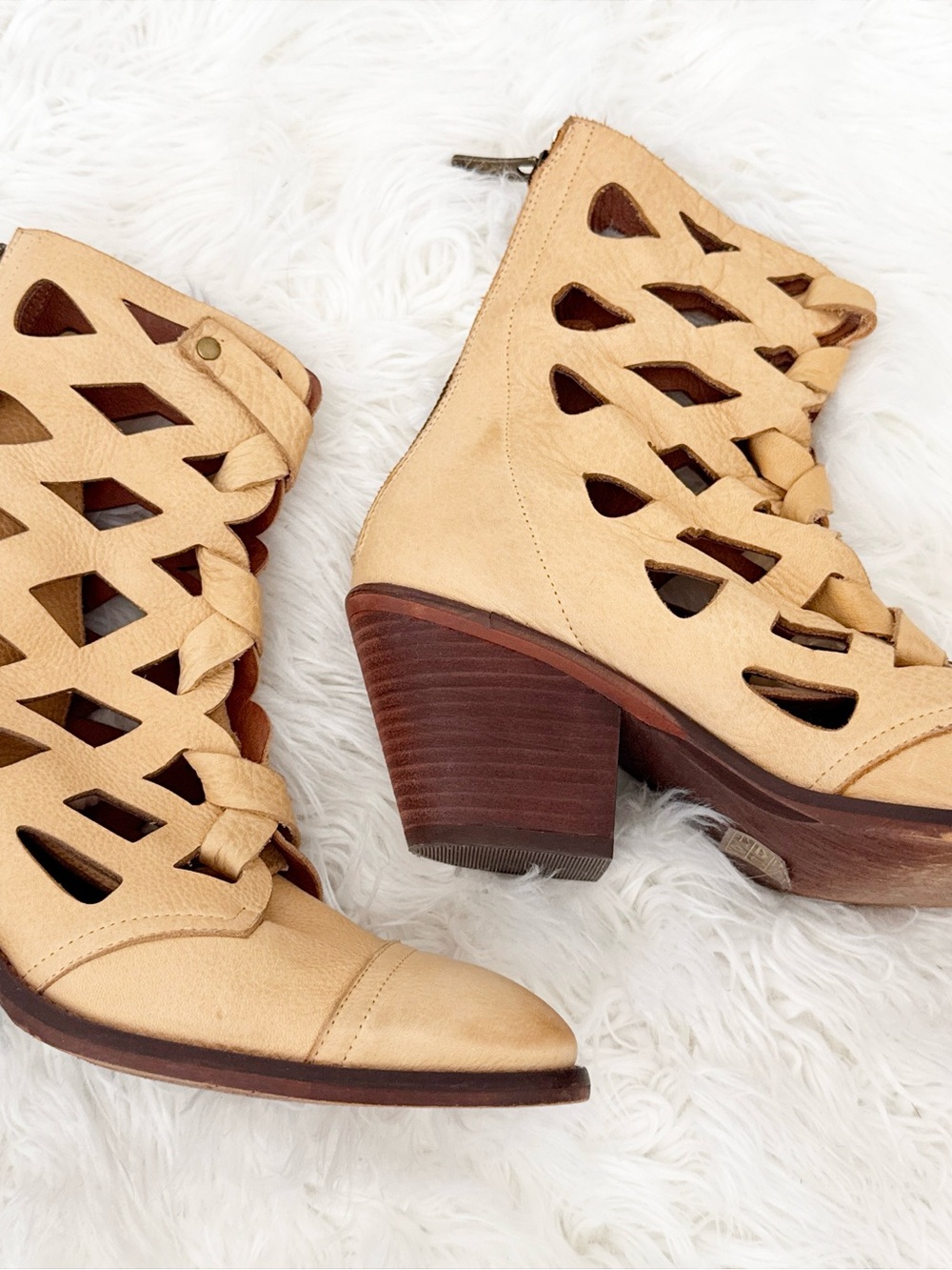 Cutout Lace-Up Ankle Booties in Tan Leather - Picture 2 of 5